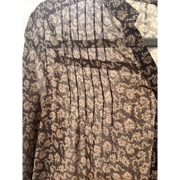 Chiffon Pleated V-Neck Ditsy Floral Tunic Top Dress Lagenlook, Taupe Cream, M - Picture 5 of 10